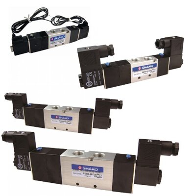 5/3 way valves, double acting (Bi stable).
Example: Actuated left side = cylinder extends, actuator center position = cylinder stops even in mid-position, actuated right side = cylinder retracts. (or vice versa)
An addition of speed controller into air line or exhaust port will slow cylinder speed.