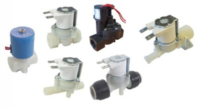 Plastic water solenoid valves for water appliances, vending and automated water control systems and processes, include 2/2 way normally closed, open and latching bi stable valves.