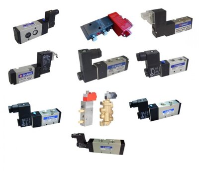 5/2 way valves, single acting (mono stable).
Example: Actuation on = cylinder fully extends, actuation off = cylinder fully retracts (or vice versa).
An addition of speed controller into air line or exhaust port will slow cylinder speed.