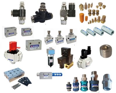 Silencers / mufflers, quick exhaust valves; shuttle valves; speed control valves, slide valves, check valves, soft start and safety shut off valves and air pilot valves.